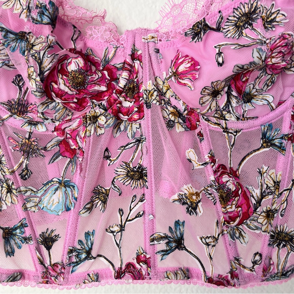 Whimsigoth Pink Floral Corset Crop Top Lace Bustier Fairycore Cottagecore Y2K - Picture 3 of 13